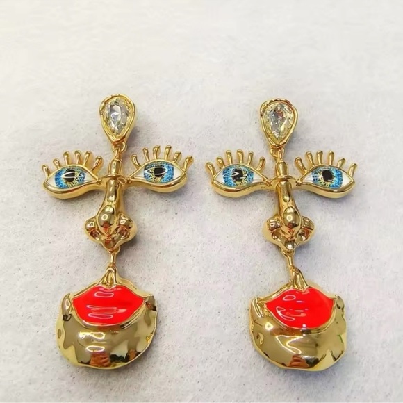 Anthropologie Visage Surrealism Gold Blue Eyes Earrings - Picture 1 of 8